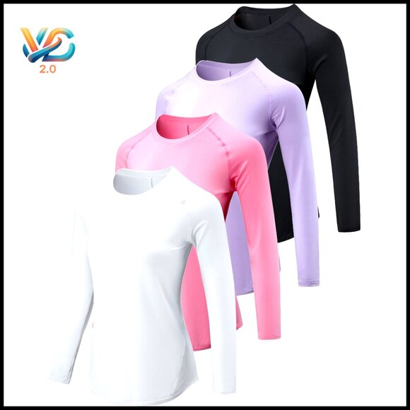 Long Sleeve Athletic Tops with Thumb Holes Dry Fit Workout Tees 4-Pack